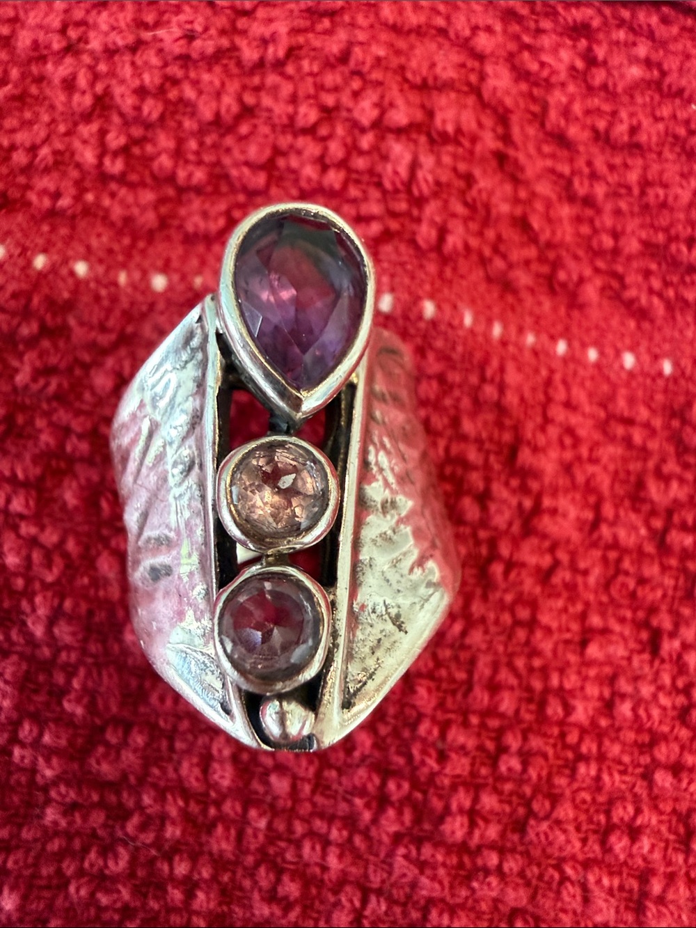 Handcrafted Solid Sterling 925 Silver Ring with triple Amethyst teardrops